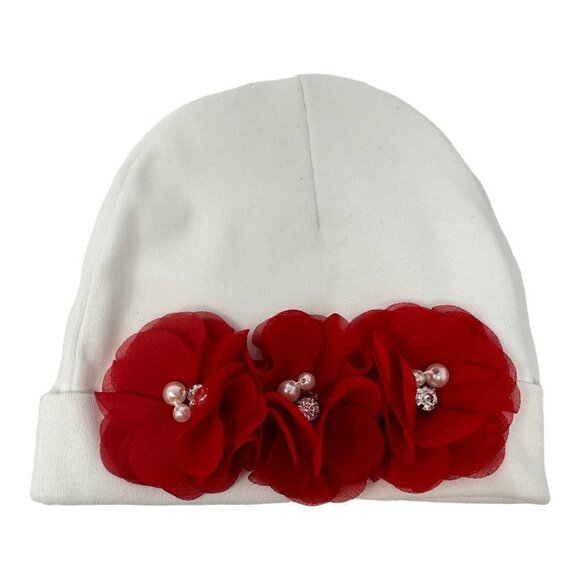 Handmade Infant Girl Beanie Hat Red White Neutral Christmas Holidays Valentines - Picture 3 of 11